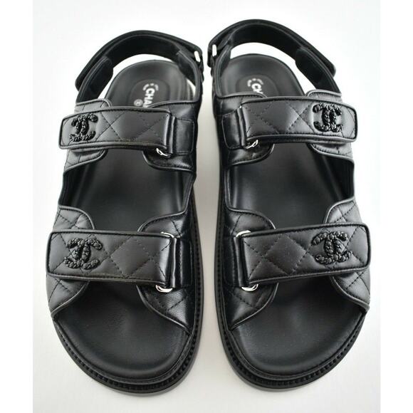 Chanel Black Leather Quilted Chain CC Logo Mule Slide Strap Flat Dad Sandal 40 - Picture 1 of 12